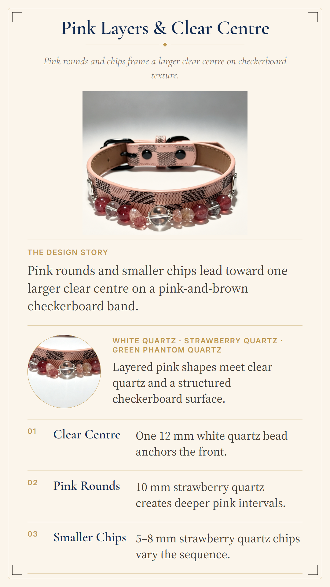 An informational product graphic for a layered beaded bracelet. The image includes a main product photo of a pink and brown checkerboard band bracelet with white and strawberry quartz beads, a circular inset showing a close-up of the layered pink shapes, and text explaining the design story and bead measurements.