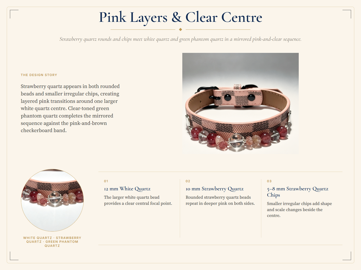 Strawberry Quartz Crystal Pet Collar – White Quartz, Green Phantom Quartz & Pink Checkerboard Band
