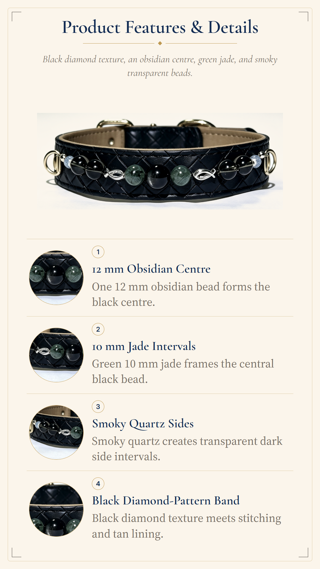 A product features and details infographic for a black leather collar. The graphic features a product photo of the collar at the top, with four numbered text callouts below detailing its features: a 12 mm obsidian center, 10 mm jade intervals, smoky quartz sides, and a black diamond-pattern band.