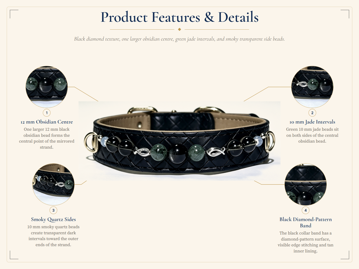 Obsidian Crystal Pet Collar – Smoky Quartz, Jade & Black Diamond-Pattern Band