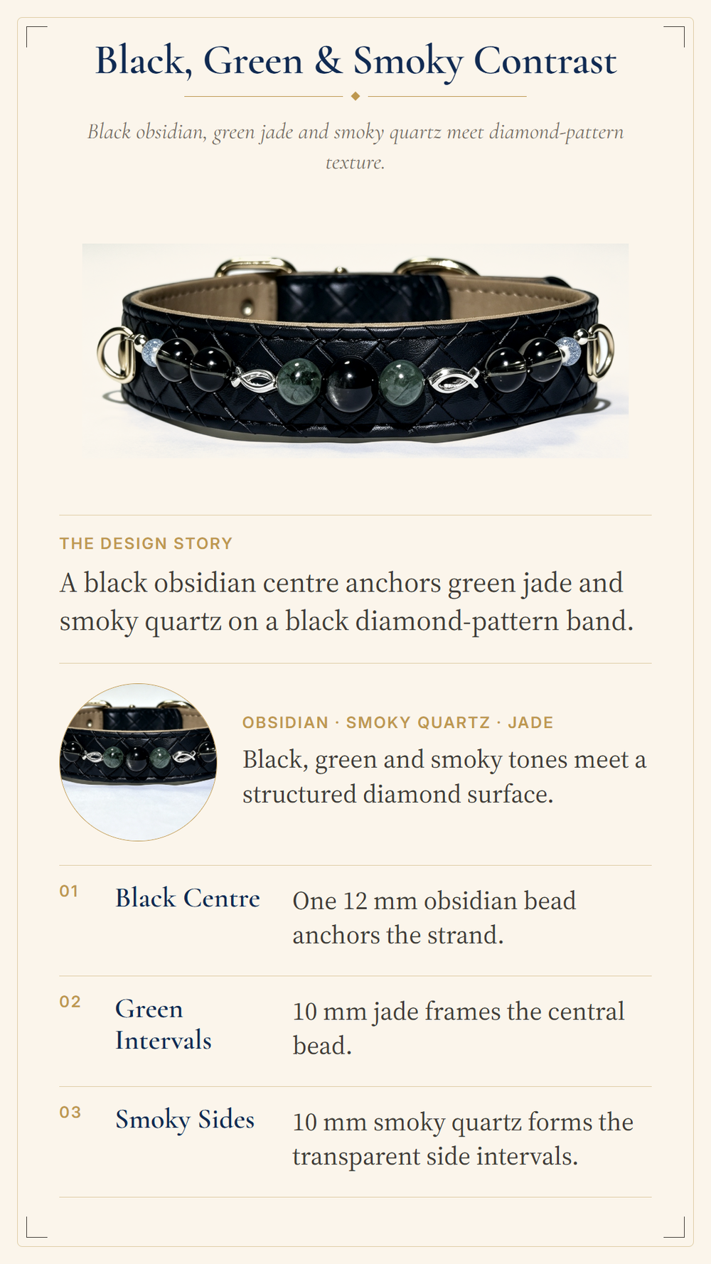 Obsidian Crystal Pet Collar – Smoky Quartz, Jade & Black Diamond-Pattern Band