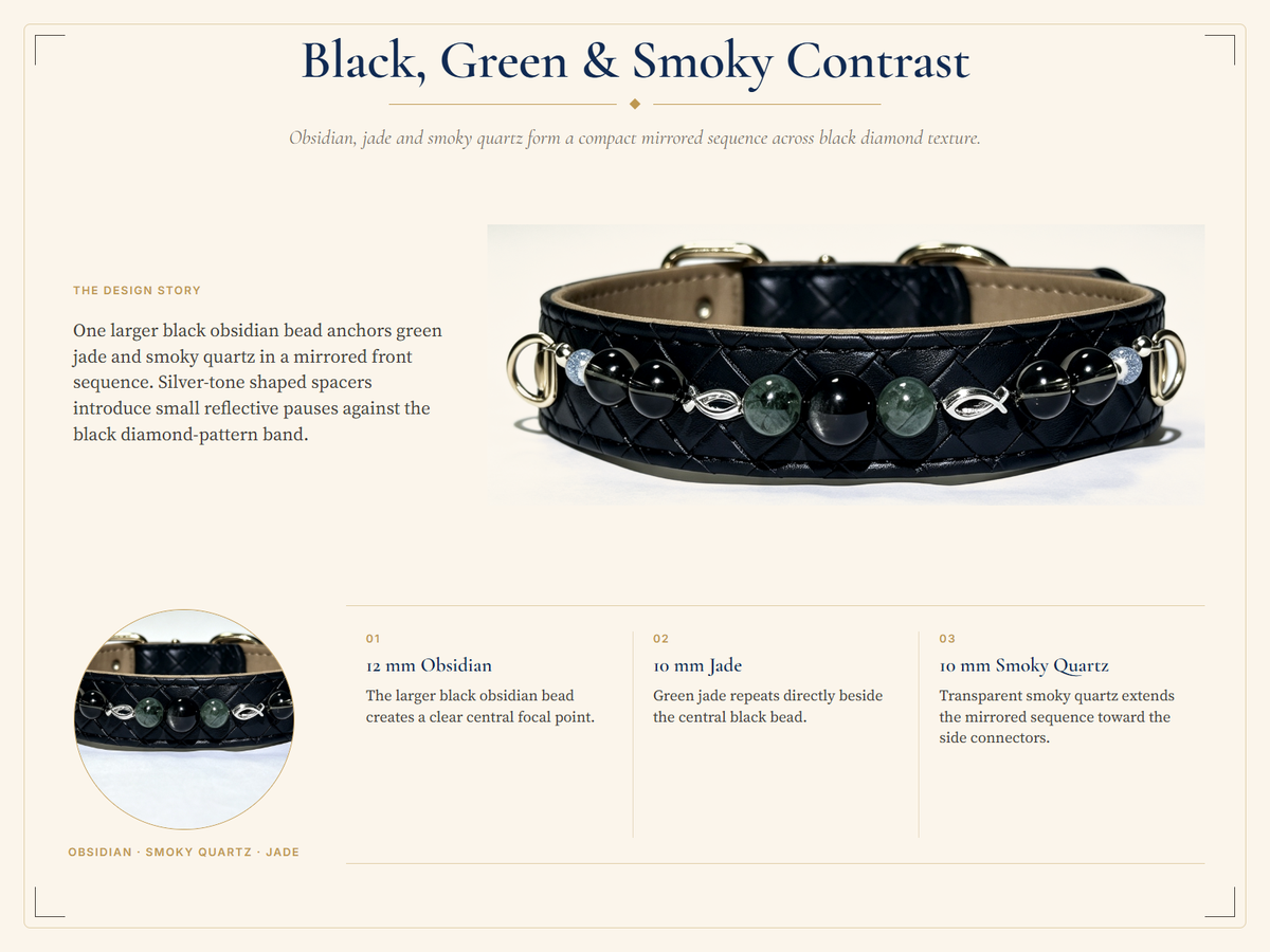 Obsidian Crystal Pet Collar – Smoky Quartz, Jade & Black Diamond-Pattern Band