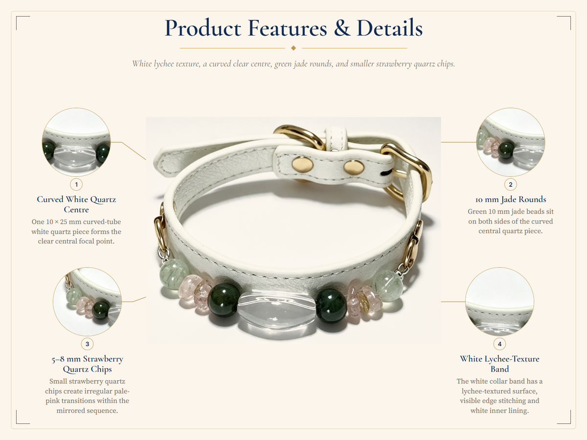 White Quartz Crystal Pet Collar – Rabbit Hair Quartz, Shell Beads & Checkerboard Band
