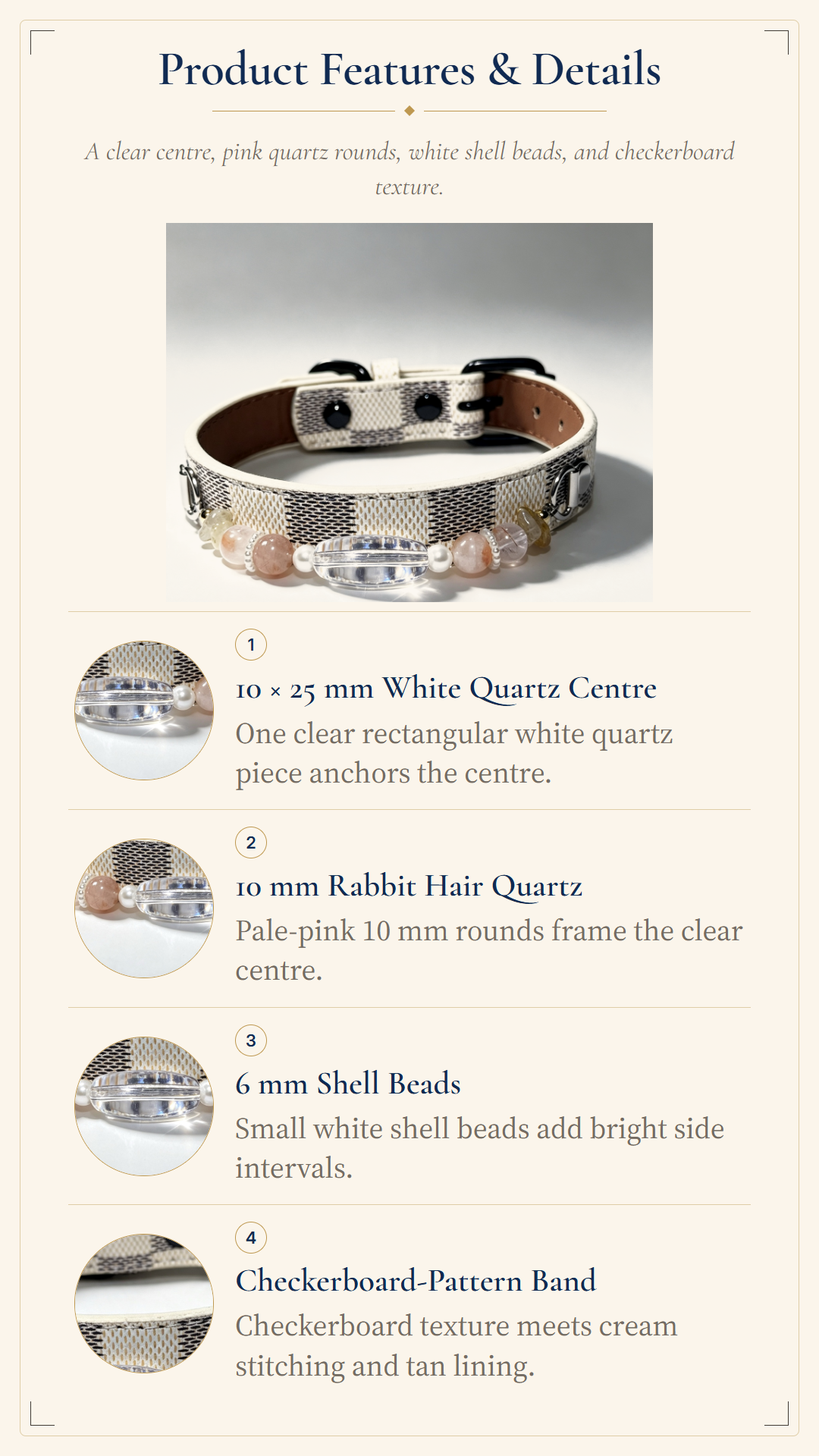 Product features and details infographic for a silver mesh bracelet with a clear white quartz center, pink quartz round beads, white shell beads, and a checkerboard-pattern band, shown on a cream background with text and close-up inset images.