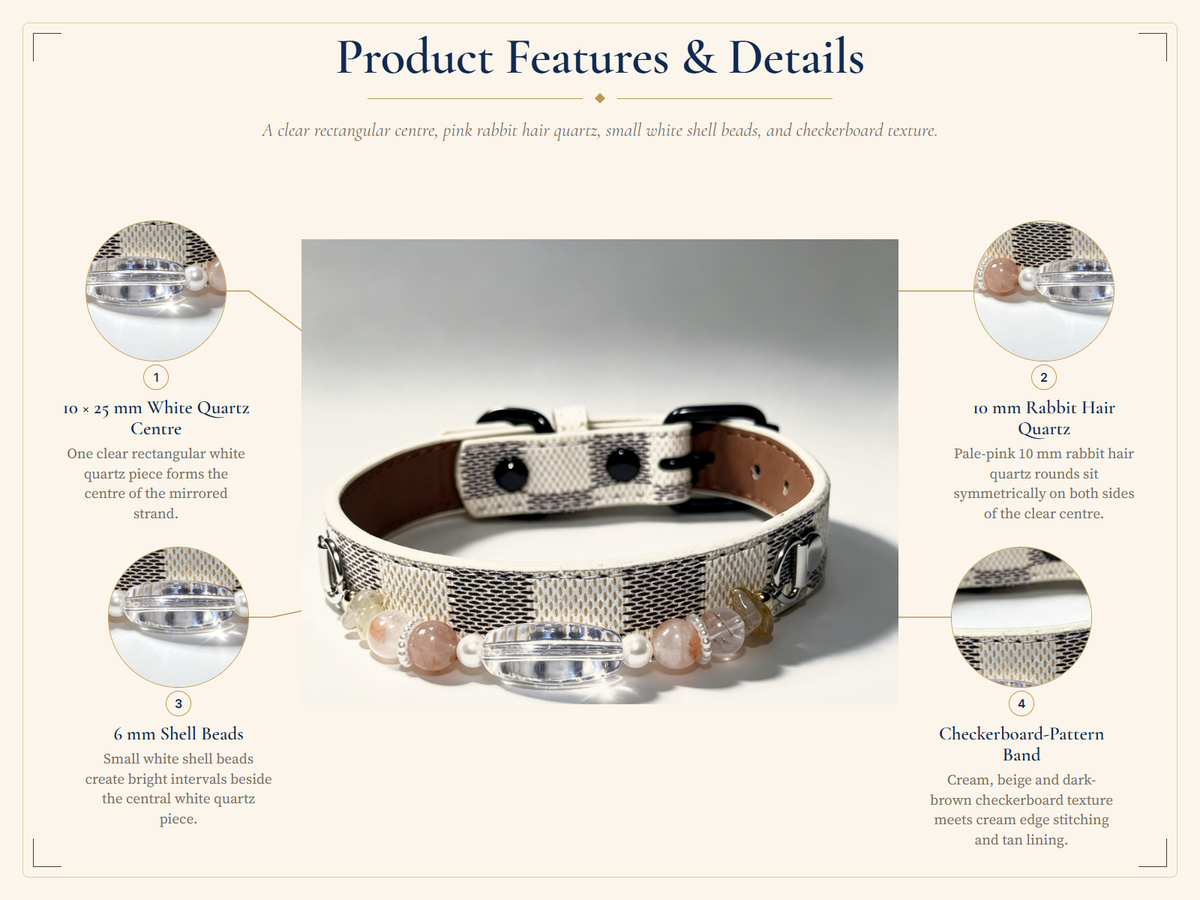 White Quartz Crystal Pet Collar – Rabbit Hair Quartz, Shell Beads & Checkerboard Band