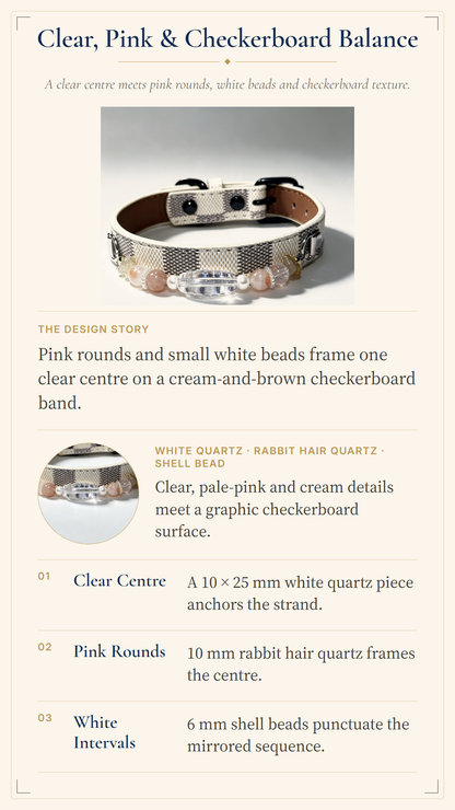 An informational product graphic for a beaded bracelet, showing a close-up product photo at the top and a design breakdown below on a cream background. The text describes a clear center, pink round beads, and a checkered brown-and-cream band, with material details including white quartz, rabbit hair quartz, and shell bead.