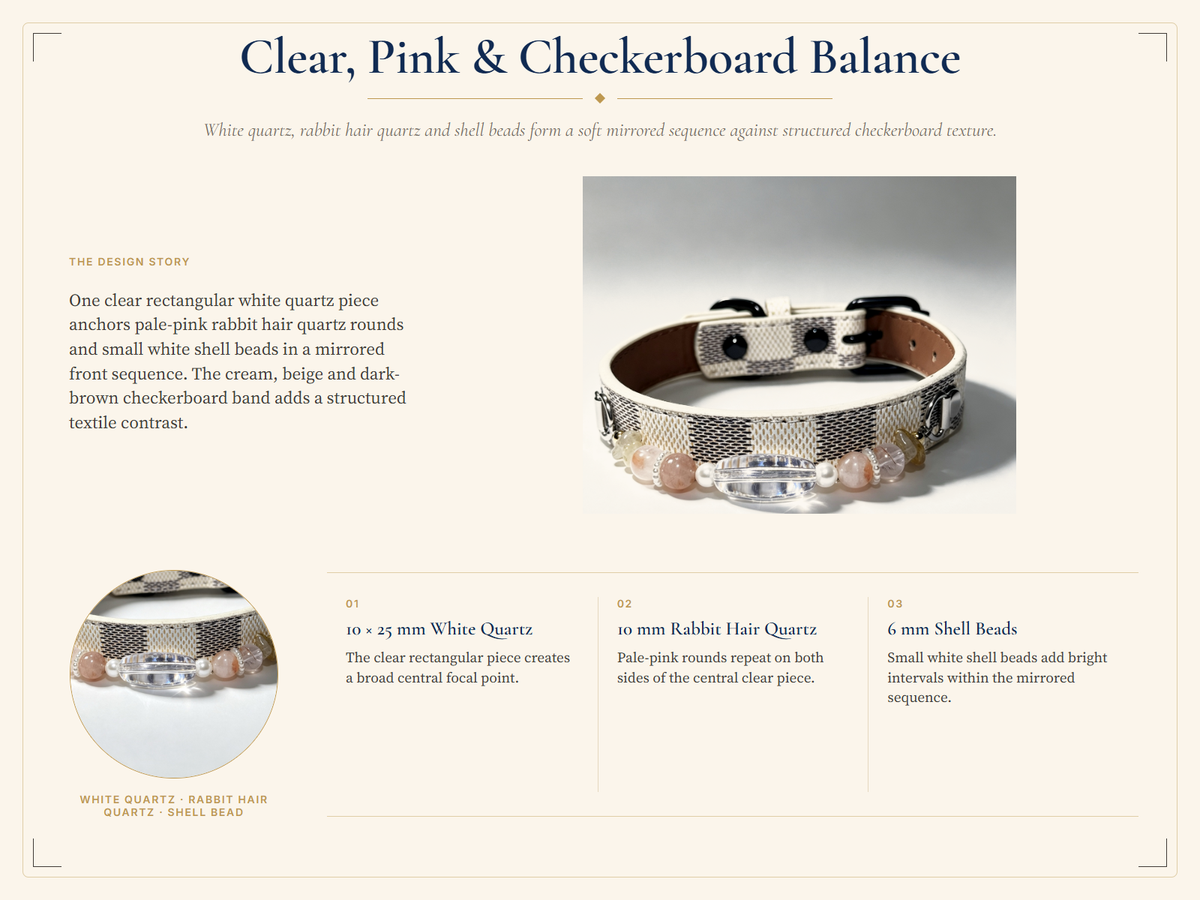 White Quartz Crystal Pet Collar – Rabbit Hair Quartz, Shell Beads & Checkerboard Band