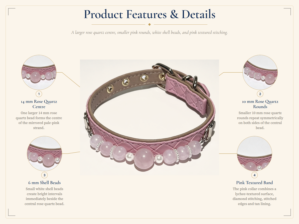 Rose Quartz Crystal Pet Collar – Soft Pink Beads & Shell Accents