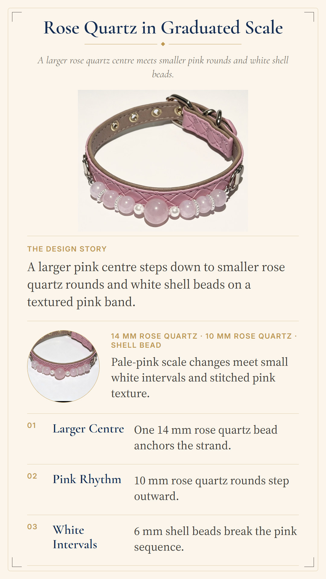 An informational product graphic titled 'Rose Quartz in Graduated Scale' showing a pink beaded bracelet with rose quartz and shell beads, plus explanatory text and smaller inset product views on a cream background.