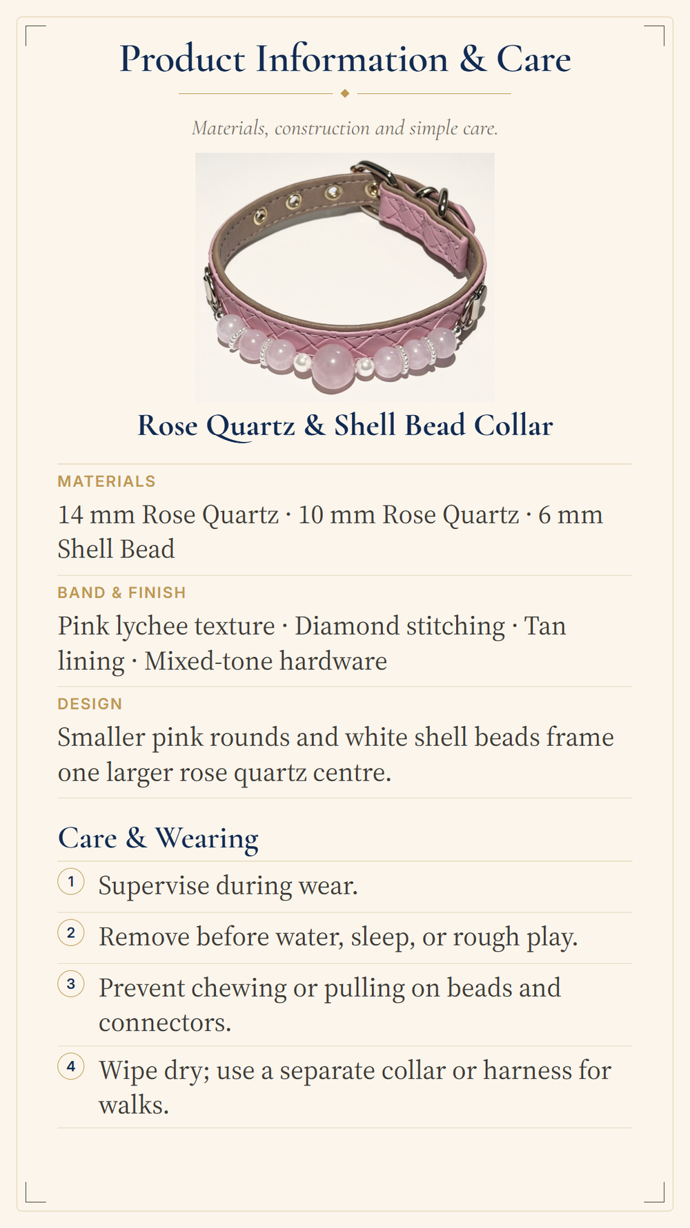 Rose Quartz Crystal Pet Collar – Soft Pink Beads & Shell Accents