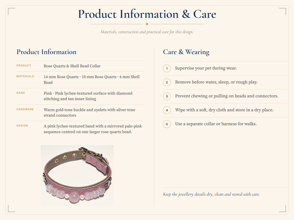 Rose Quartz Crystal Pet Collar – Soft Pink Beads & Shell Accents