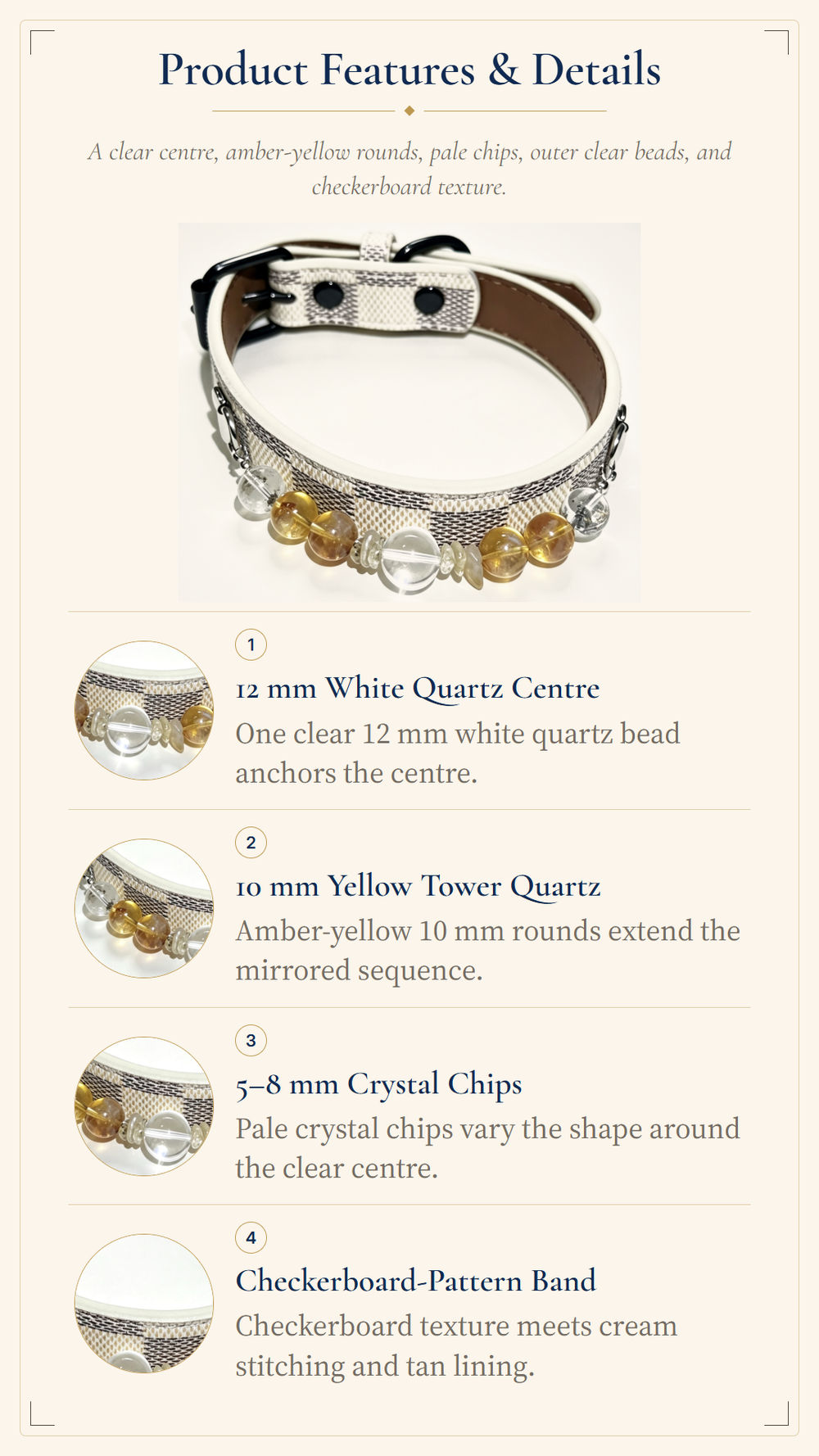 Yellow Tower Crystal Pet Collar – White Quartz, Green Phantom Quartz & Checkerboard Band
