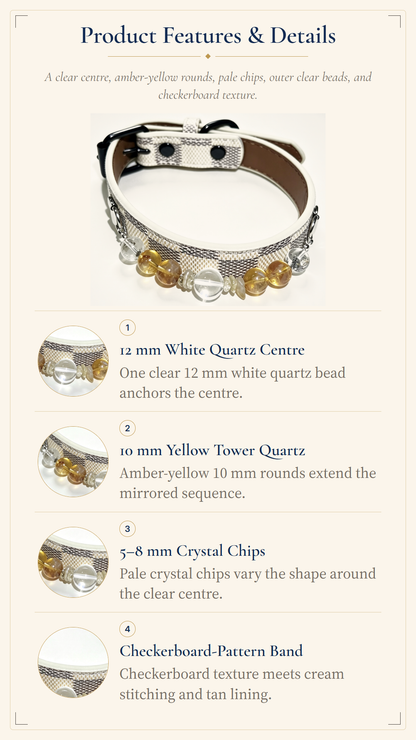 Product features and details graphic for a silver-toned beaded bracelet, showing a product photo at the top and four numbered callouts describing the 12 mm white quartz center, 10 mm yellow tower quartz beads, 5-8 mm crystal chips, and checkerboard-pattern band.