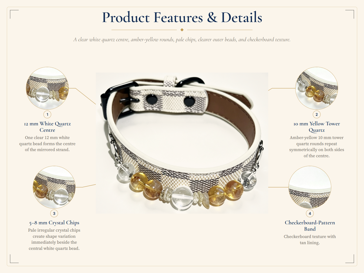 Yellow Tower Crystal Pet Collar – White Quartz, Green Phantom Quartz & Checkerboard Band