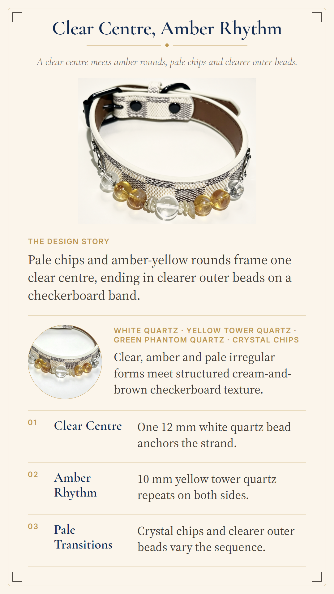 An informational product graphic titled 'Clear Centre, Amber Rhythm' showing a beaded bracelet with a clear center, amber-yellow round beads, pale chips, and a brown checkerboard-textured band. The layout includes a larger front view of the bracelet, a smaller inset detail view, and descriptive text explaining the design and bead measurements.