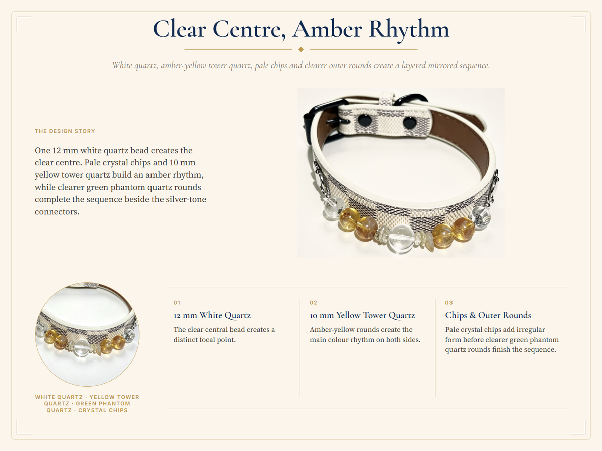 Yellow Tower Crystal Pet Collar – White Quartz, Green Phantom Quartz & Checkerboard Band