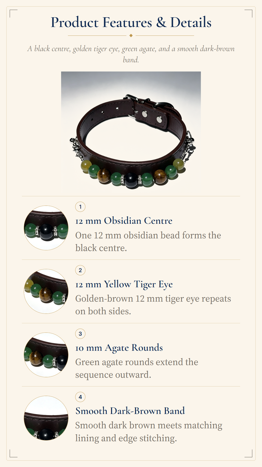 Tiger's Eye Crystal Pet Collar – Black Obsidian, Agate & Dark Brown Band