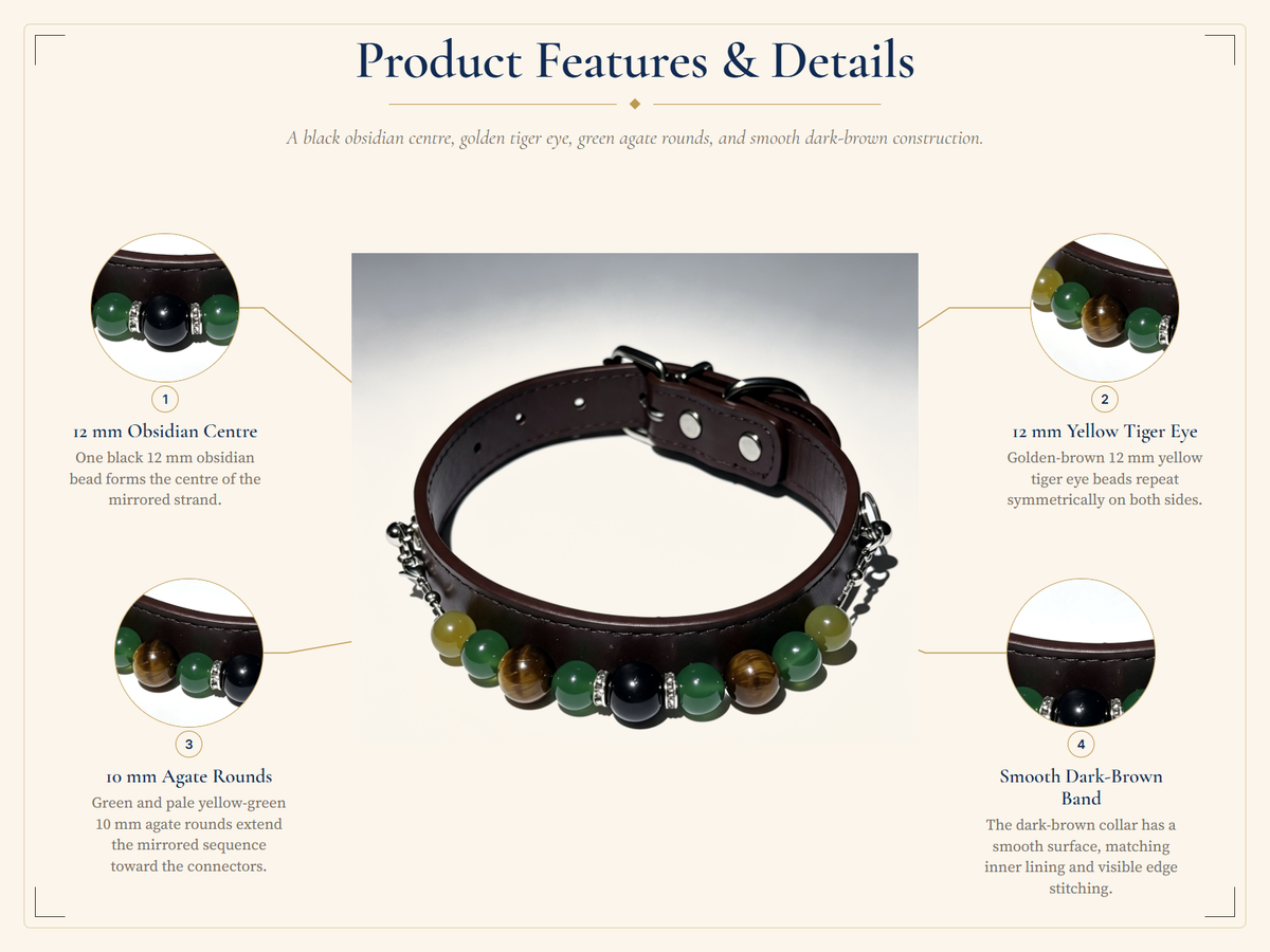 Tiger's Eye Crystal Pet Collar – Black Obsidian, Agate & Dark Brown Band