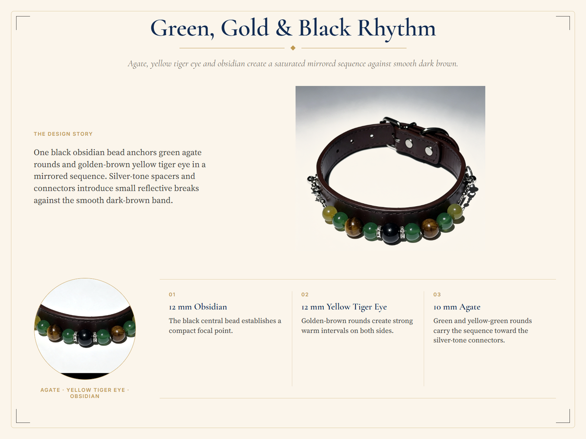 Tiger's Eye Crystal Pet Collar – Black Obsidian, Agate & Dark Brown Band