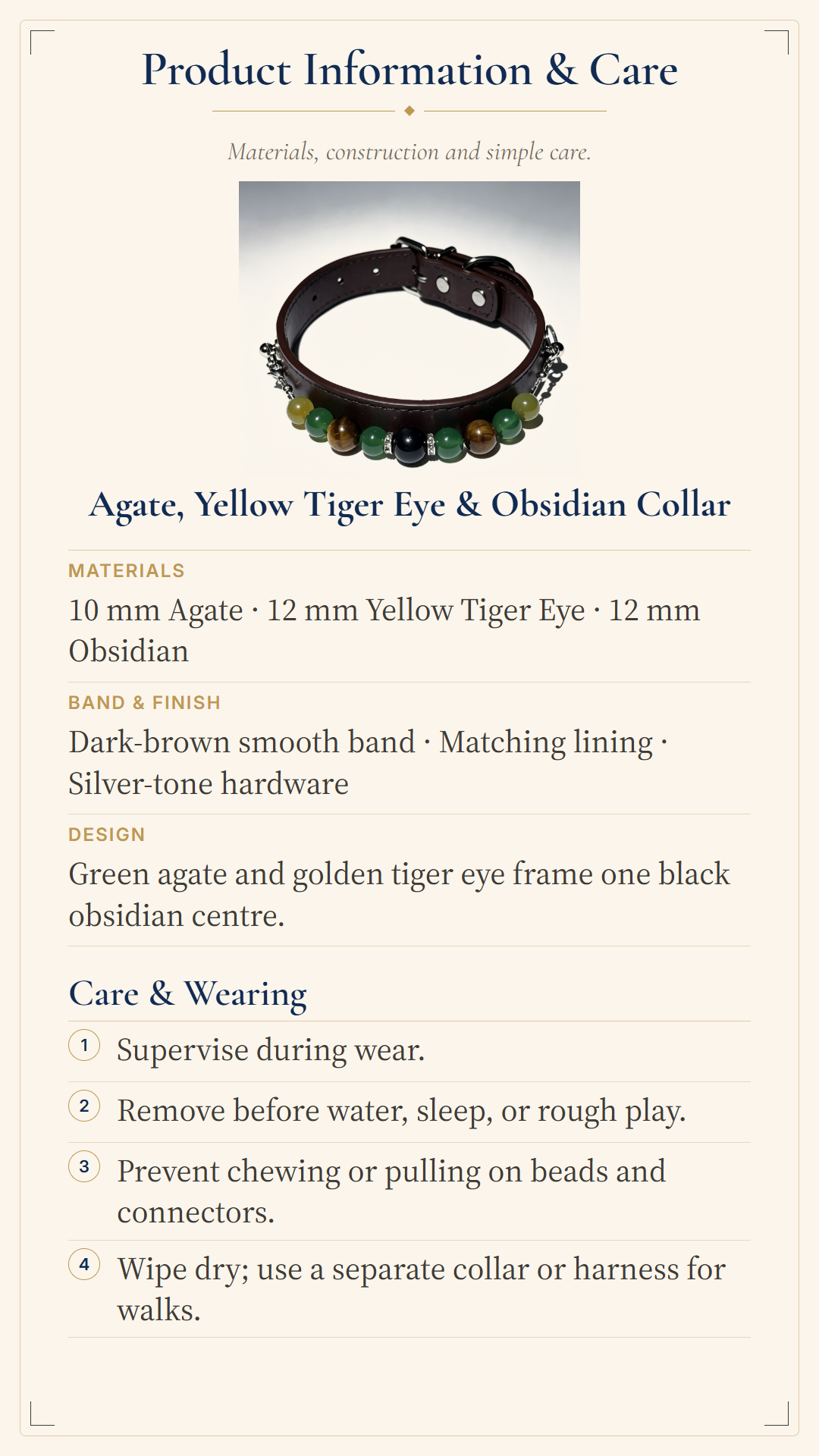 Product information card for an Agate, Yellow Tiger Eye & Obsidian Collar, showing a small product photo of the dark brown leather collar with green and gold beads, plus material and care details on a cream background.