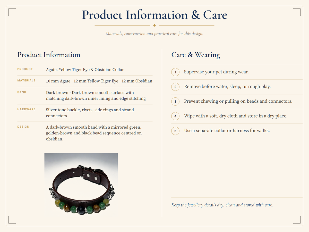 Tiger's Eye Crystal Pet Collar – Black Obsidian, Agate & Dark Brown Band