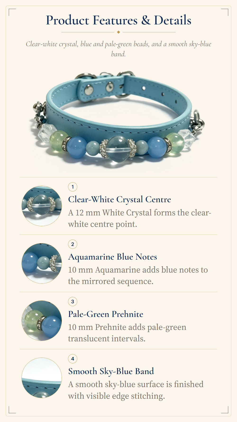 Aquamarine Crystal Pet Collar – Prehnite, Clear Quartz & Light Blue Band