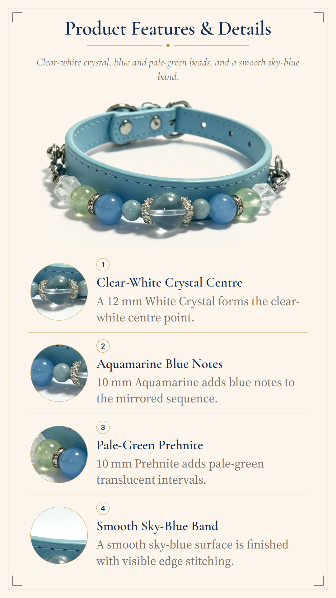 Aquamarine Crystal Pet Collar – Prehnite, Clear Quartz & Light Blue Band