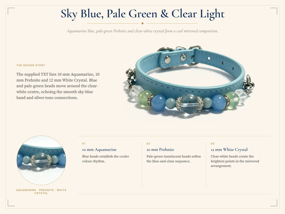 Aquamarine Crystal Pet Collar – Prehnite, Clear Quartz & Light Blue Band