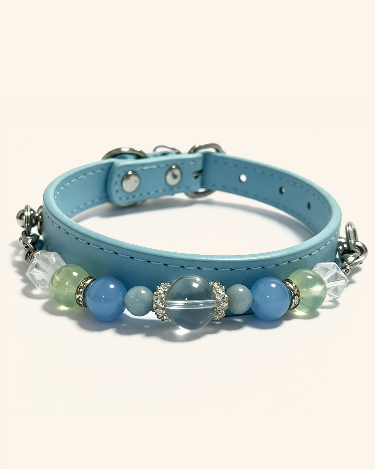 Aquamarine Crystal Pet Collar – Prehnite, Clear Quartz & Light Blue Band