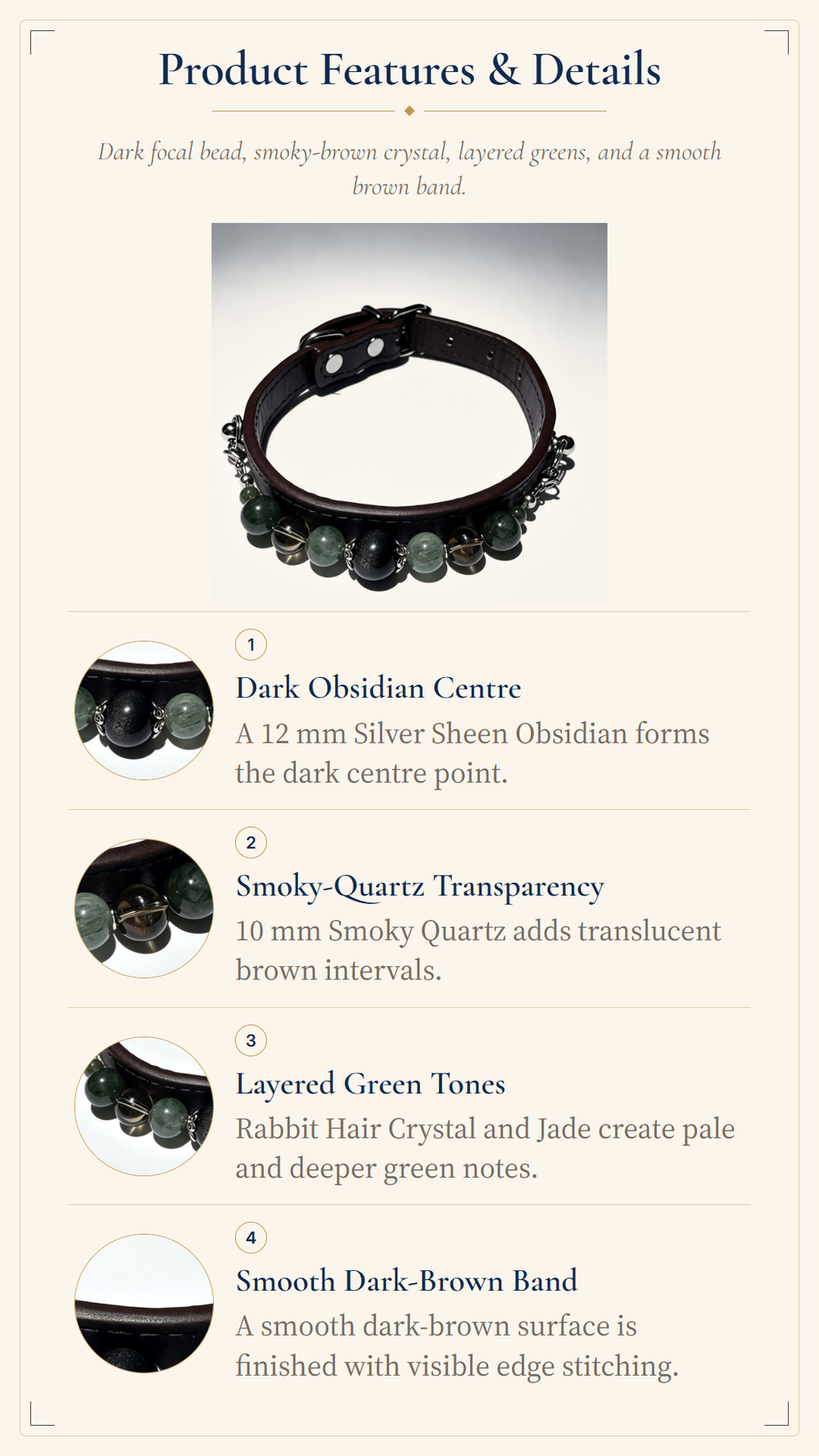 Silver Sheen Obsidian Crystal Pet Collar – Smoky Quartz, Jade & Dark Brown Band