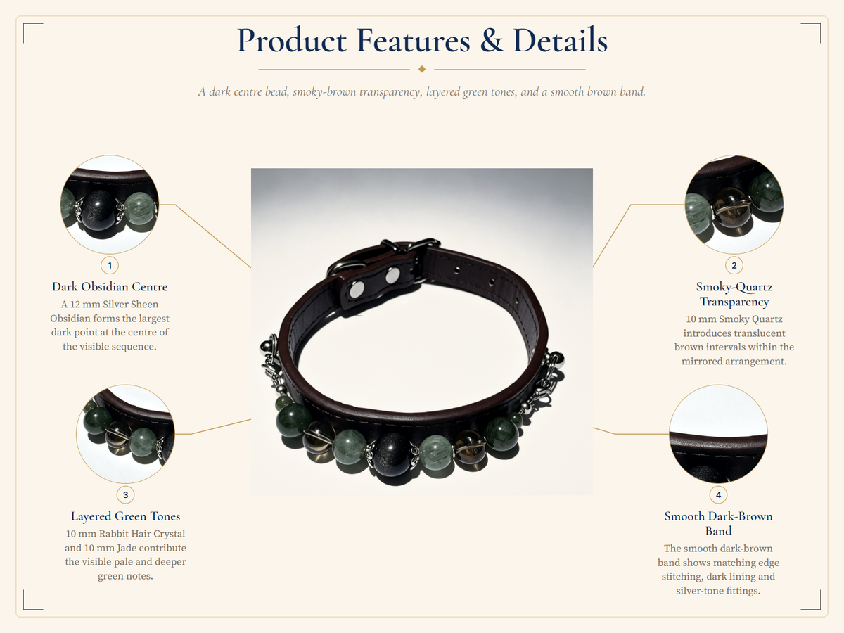 Silver Sheen Obsidian Crystal Pet Collar – Smoky Quartz, Jade & Dark Brown Band