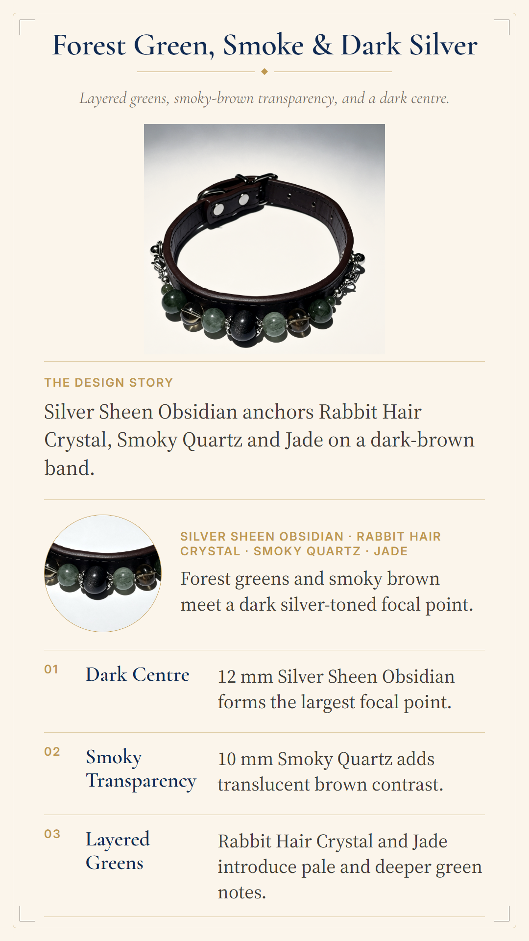 Silver Sheen Obsidian Crystal Pet Collar – Smoky Quartz, Jade & Dark Brown Band