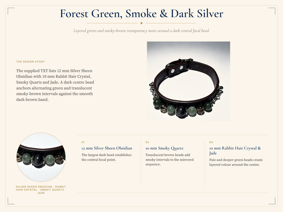 Silver Sheen Obsidian Crystal Pet Collar – Smoky Quartz, Jade & Dark Brown Band