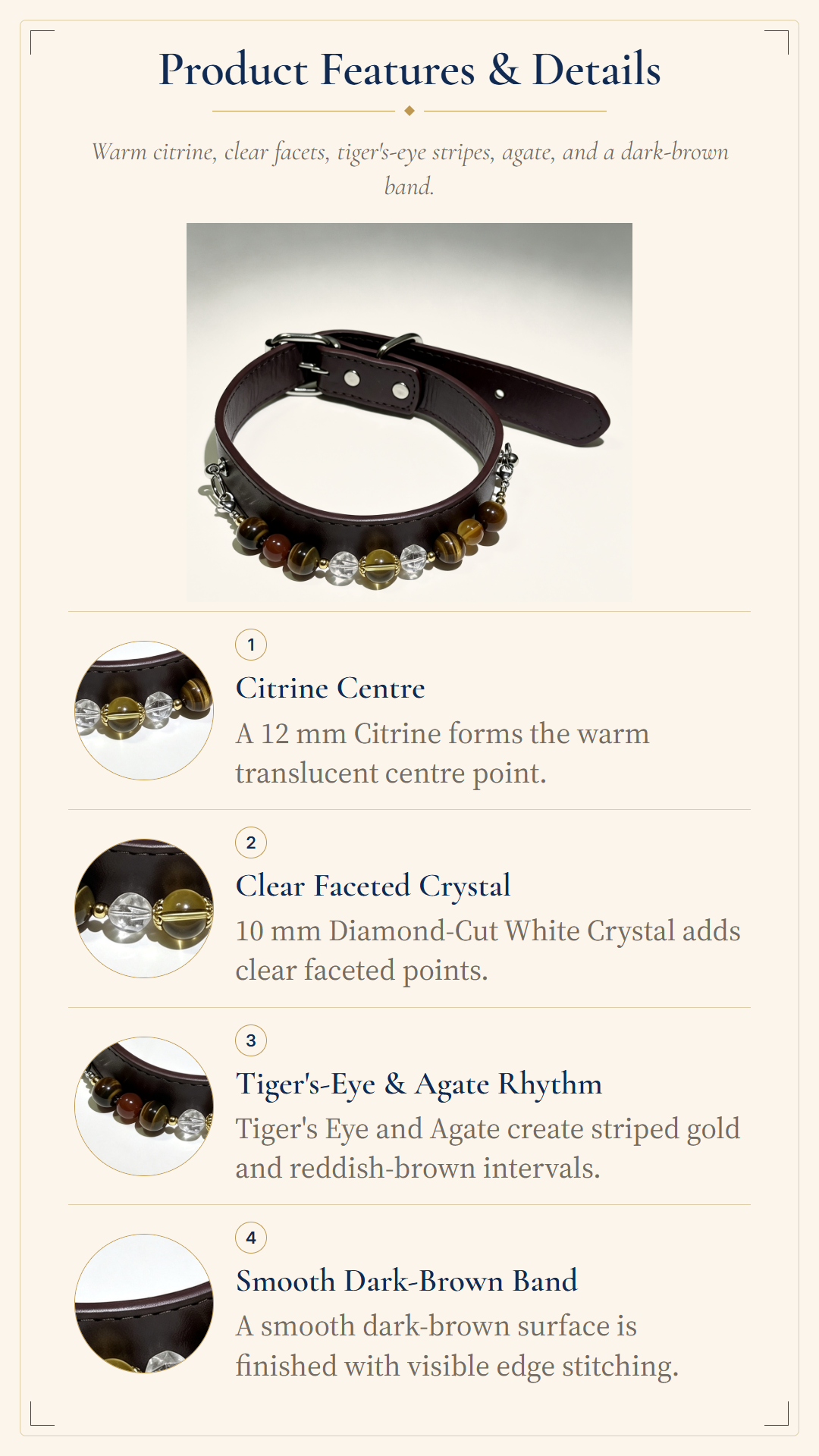 Citrine Crystal Pet Collar – Tiger's Eye, White Quartz & Agate