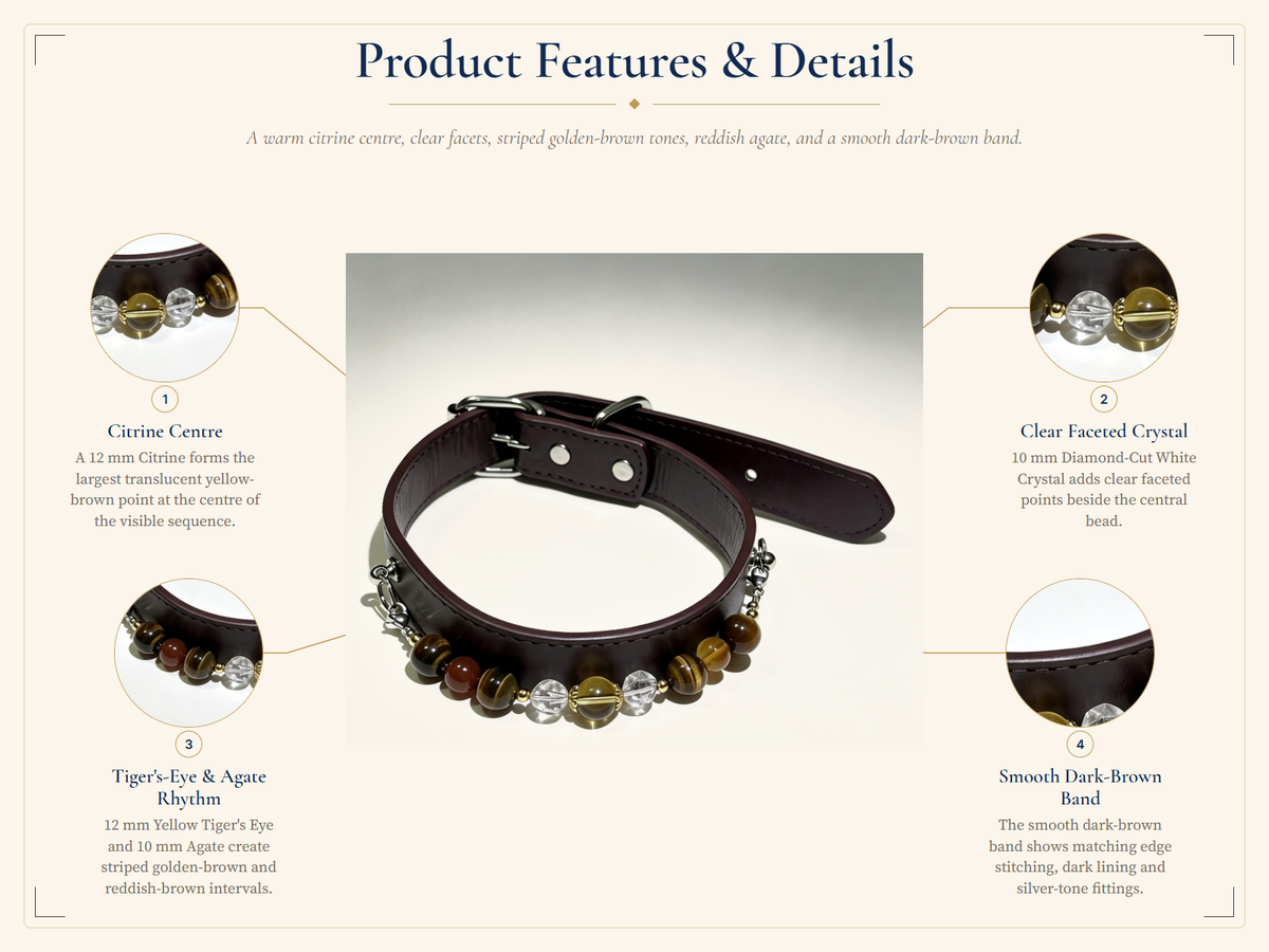 Citrine Crystal Pet Collar – Tiger's Eye, White Quartz & Agate