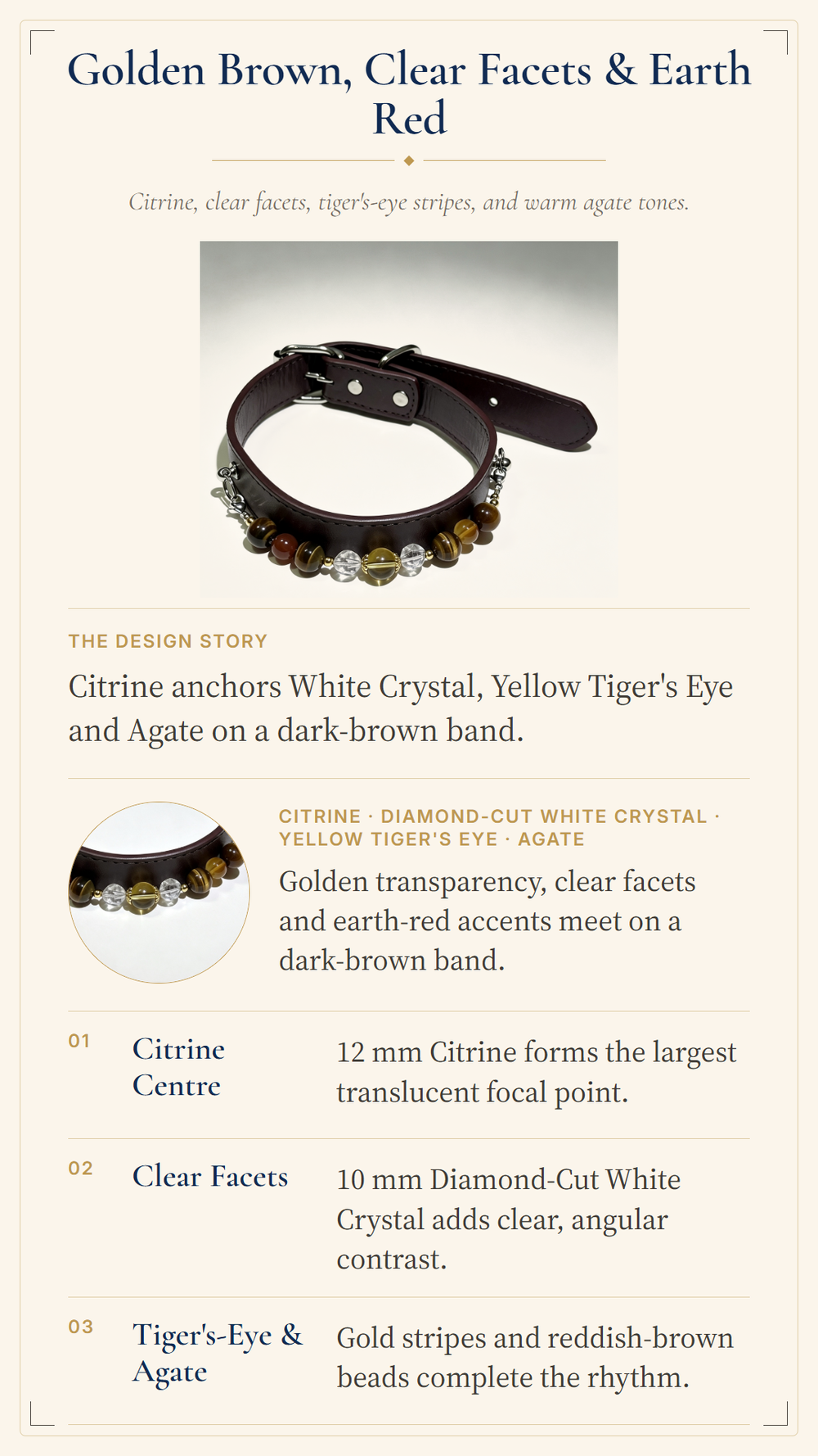 Citrine Crystal Pet Collar – Tiger's Eye, White Quartz & Agate