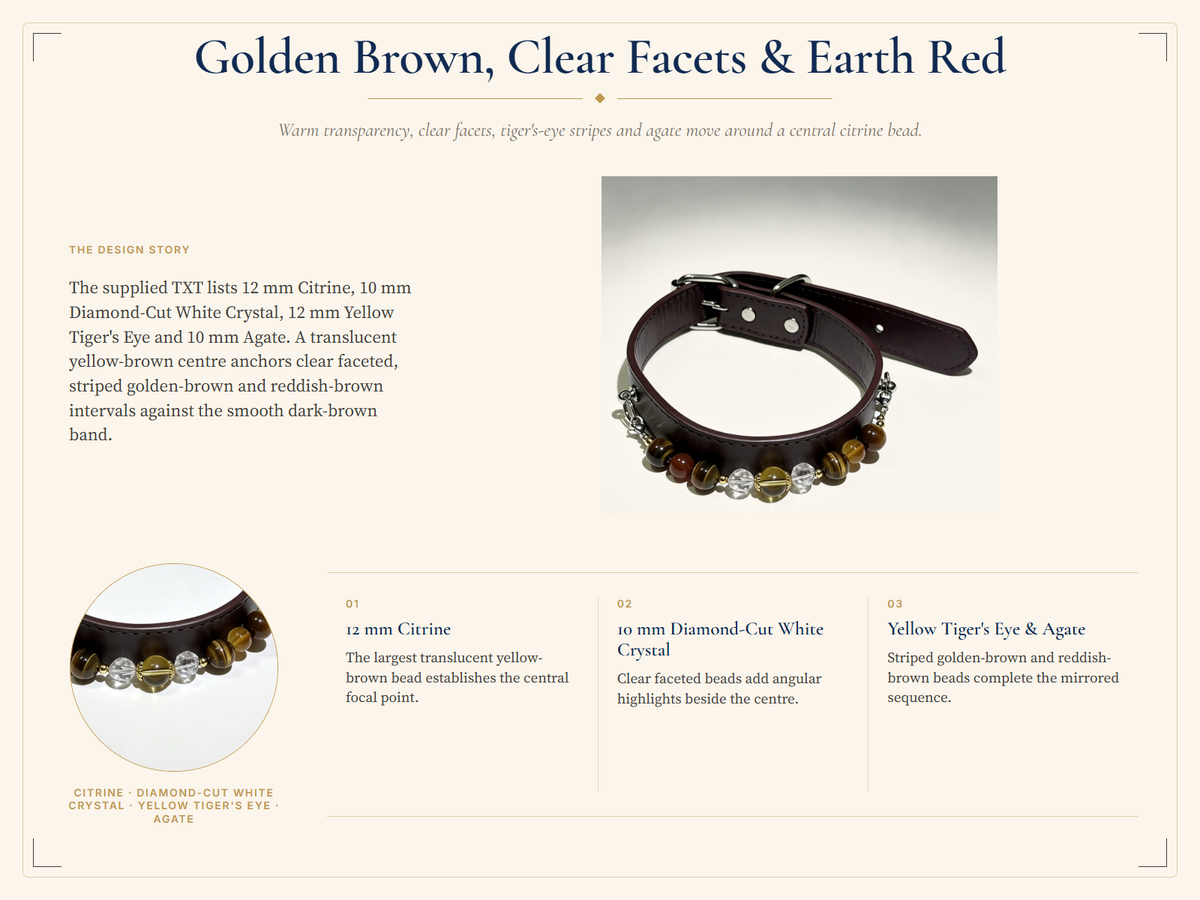 Citrine Crystal Pet Collar – Tiger's Eye, White Quartz & Agate