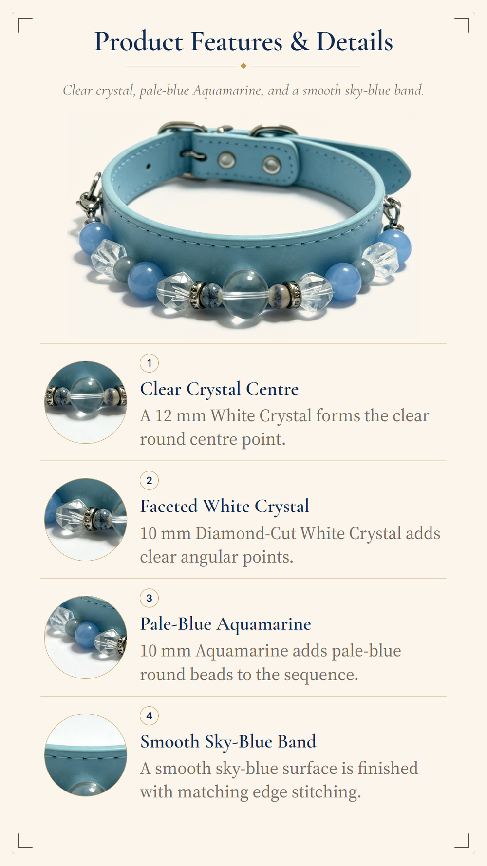 Aquamarine Crystal Pet Collar – Clear Quartz & Light Blue Band
