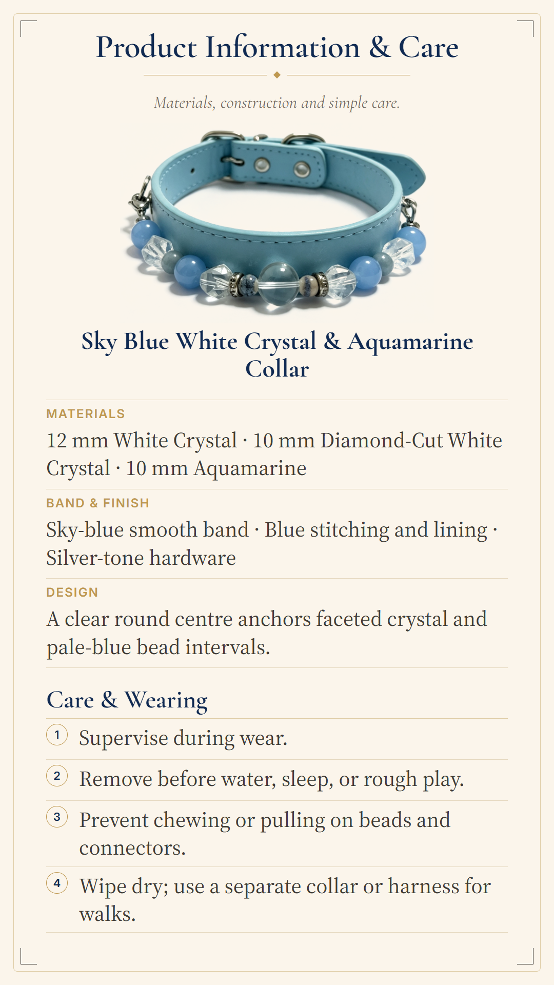 Aquamarine Crystal Pet Collar – Clear Quartz & Light Blue Band