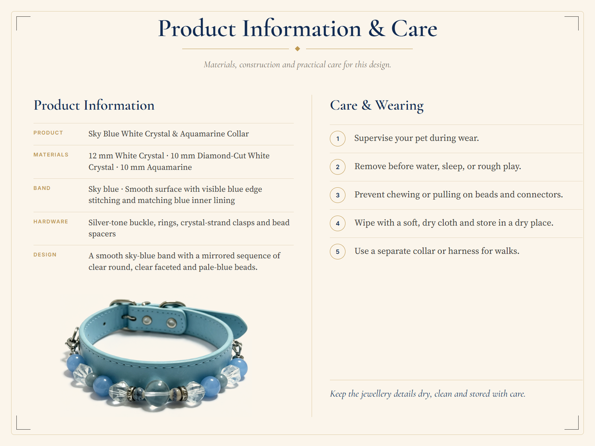Aquamarine Crystal Pet Collar – Clear Quartz & Light Blue Band