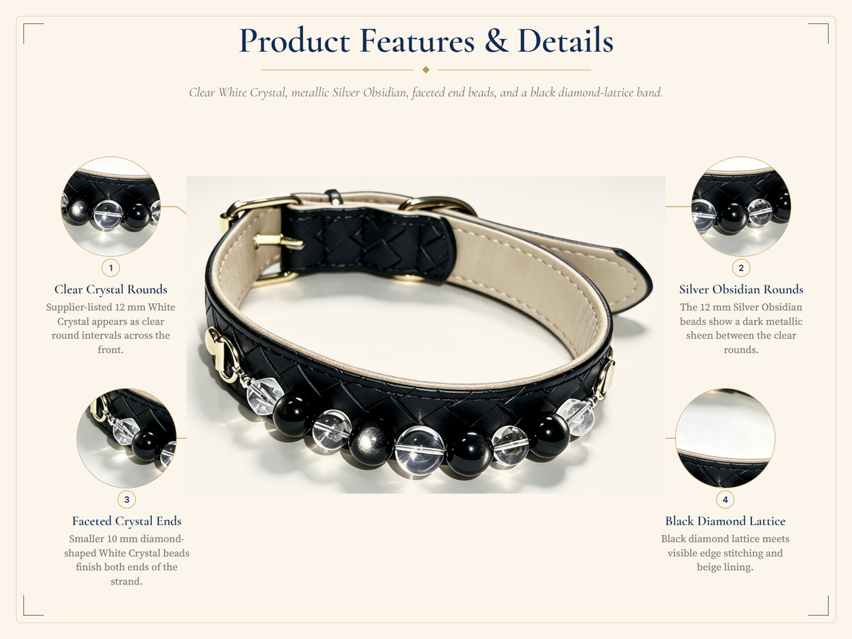 Clear Quartz Crystal Pet Collar – Clarity & Protection | Silver Sheen Obsidian