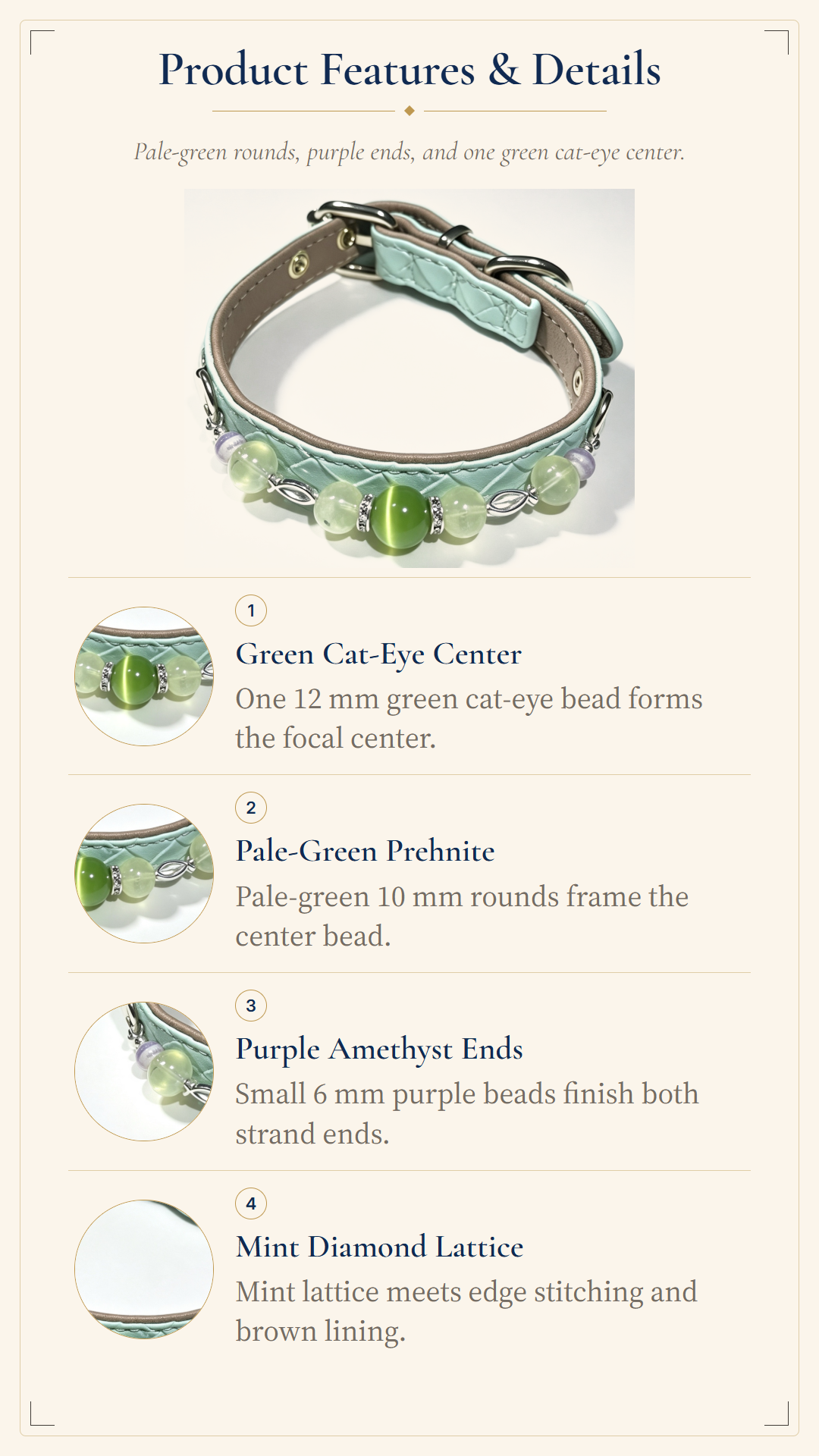 Prehnite Crystal Pet Collar – Soft Green Style | Amethyst & Cat’s Eye Glass
