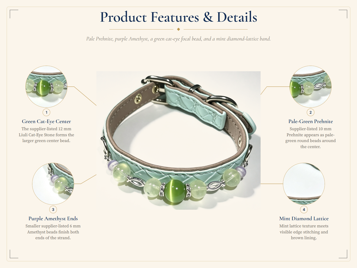 Prehnite Crystal Pet Collar – Soft Green Style | Amethyst & Cat’s Eye Glass