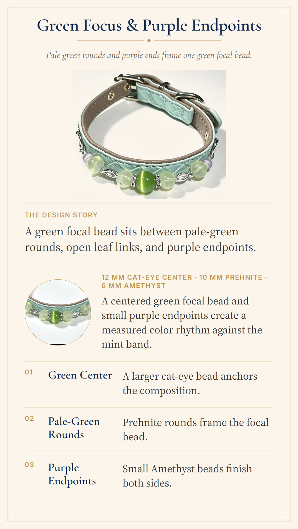 Prehnite Crystal Pet Collar – Soft Green Style | Amethyst & Cat’s Eye Glass