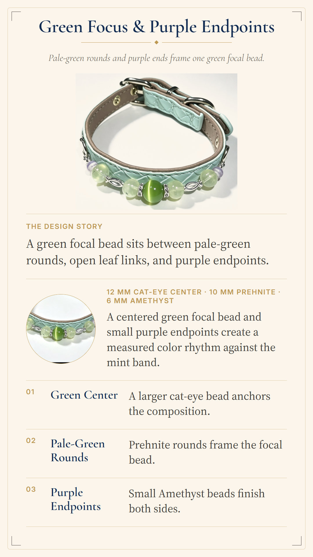 Prehnite Crystal Pet Collar – Soft Green Style | Amethyst & Cat’s Eye Glass