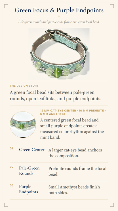 Prehnite Crystal Pet Collar – Soft Green Style | Amethyst & Cat’s Eye Glass