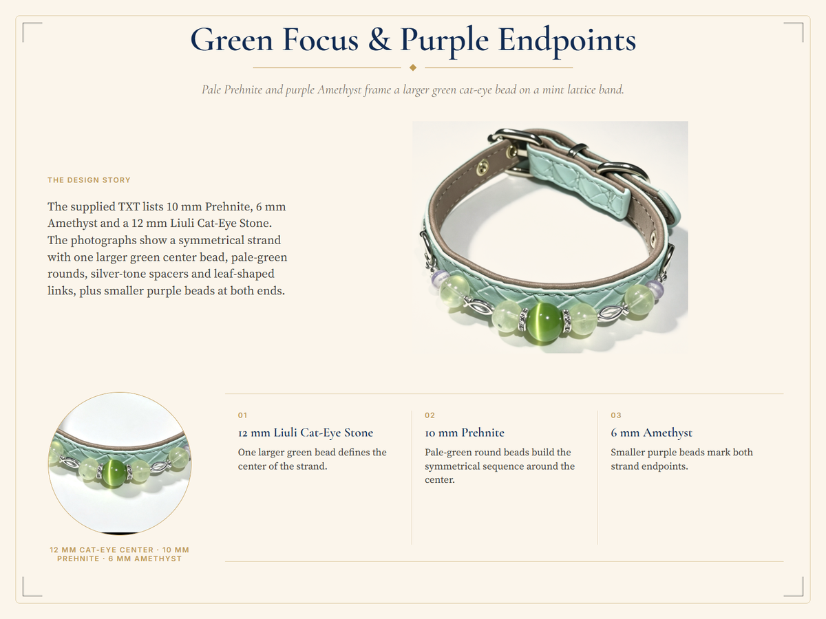Prehnite Crystal Pet Collar – Soft Green Style | Amethyst & Cat’s Eye Glass