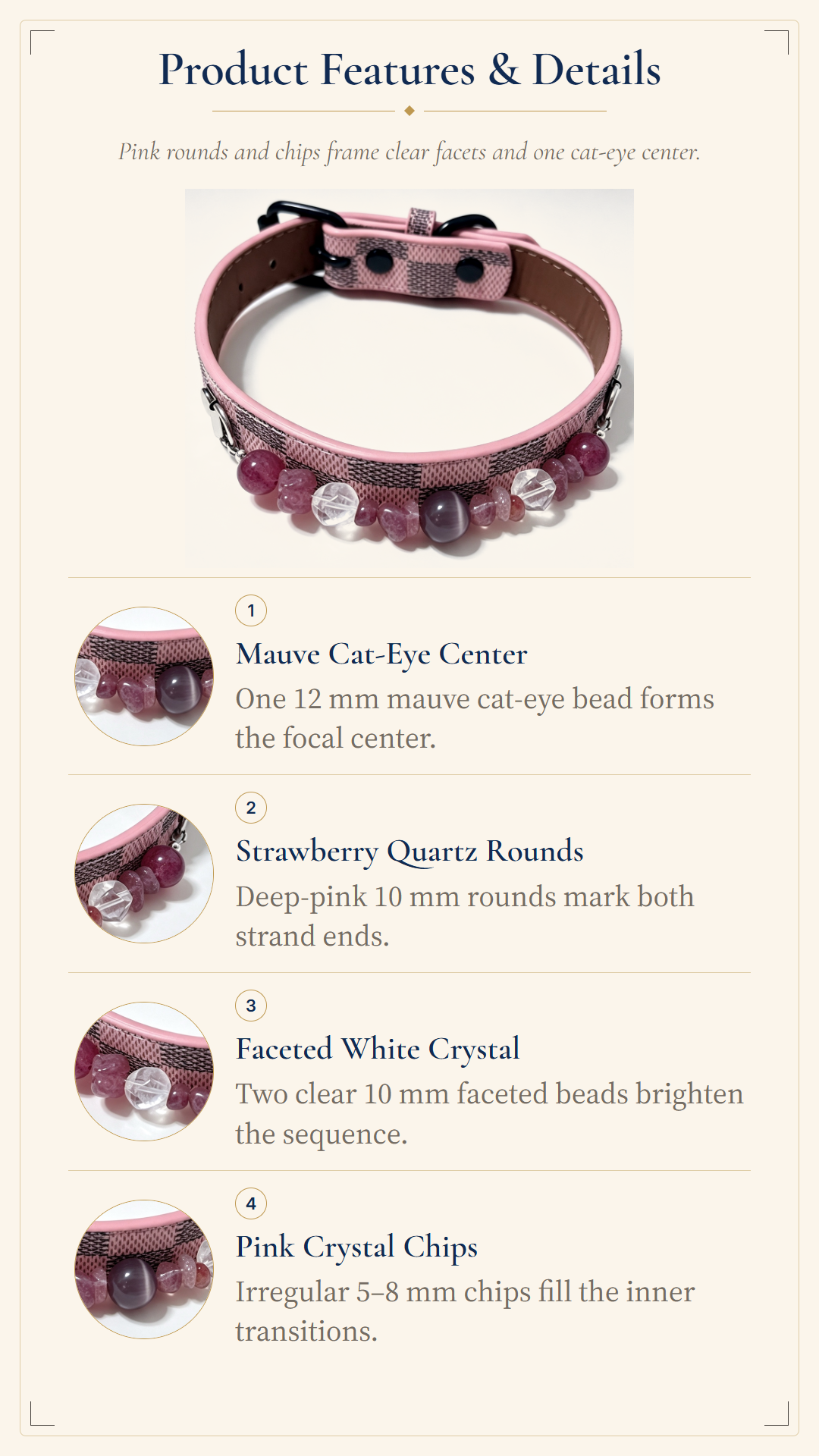 Strawberry Quartz Crystal Pet Collar – Pink Checkered Style | Clear Quartz & Cat’s Eye Glass