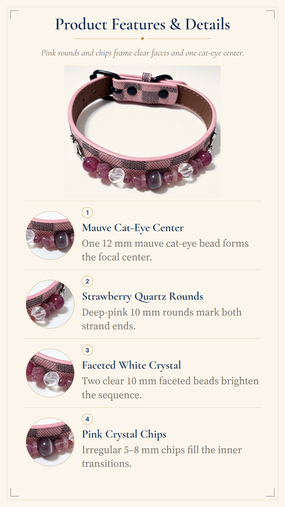 Strawberry Quartz Crystal Pet Collar – Pink Checkered Style | Clear Quartz & Cat’s Eye Glass