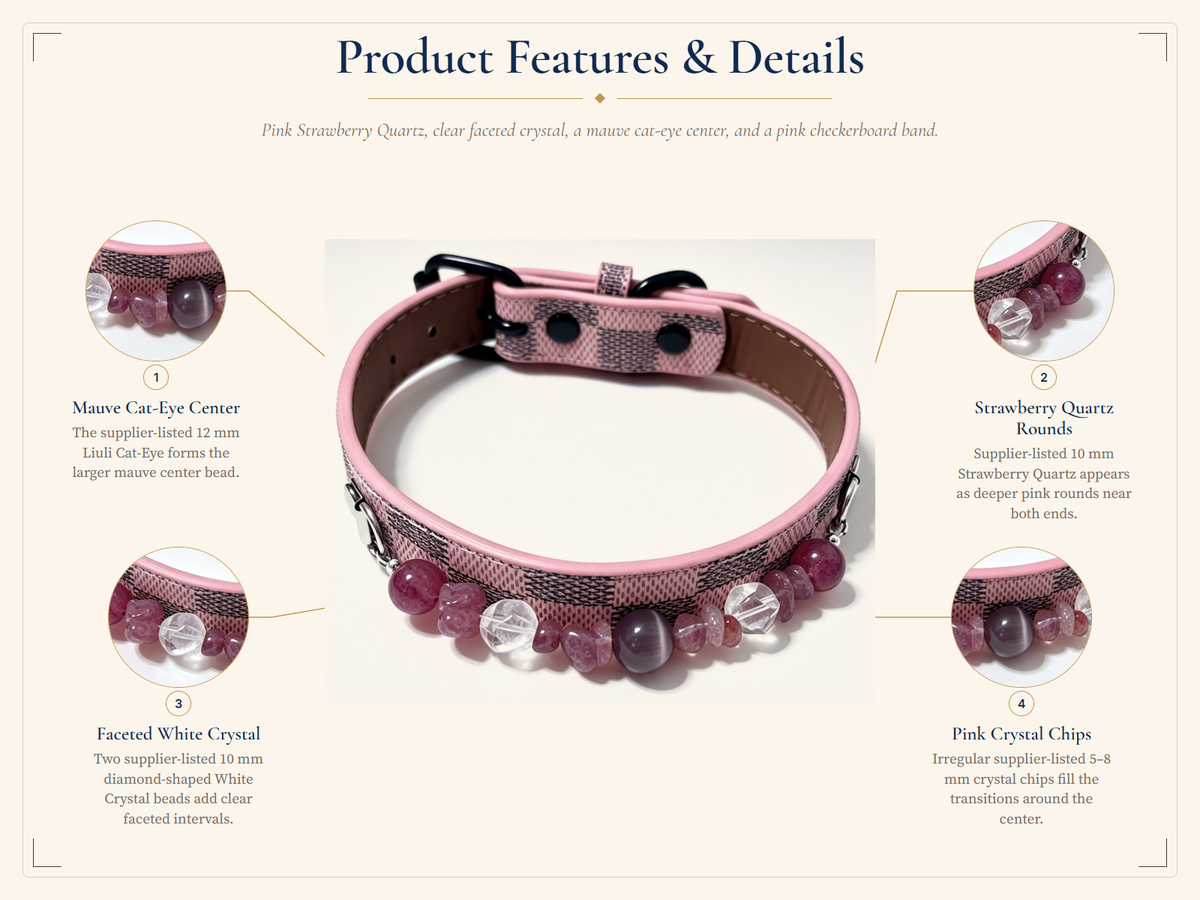 Strawberry Quartz Crystal Pet Collar – Pink Checkered Style | Clear Quartz & Cat’s Eye Glass